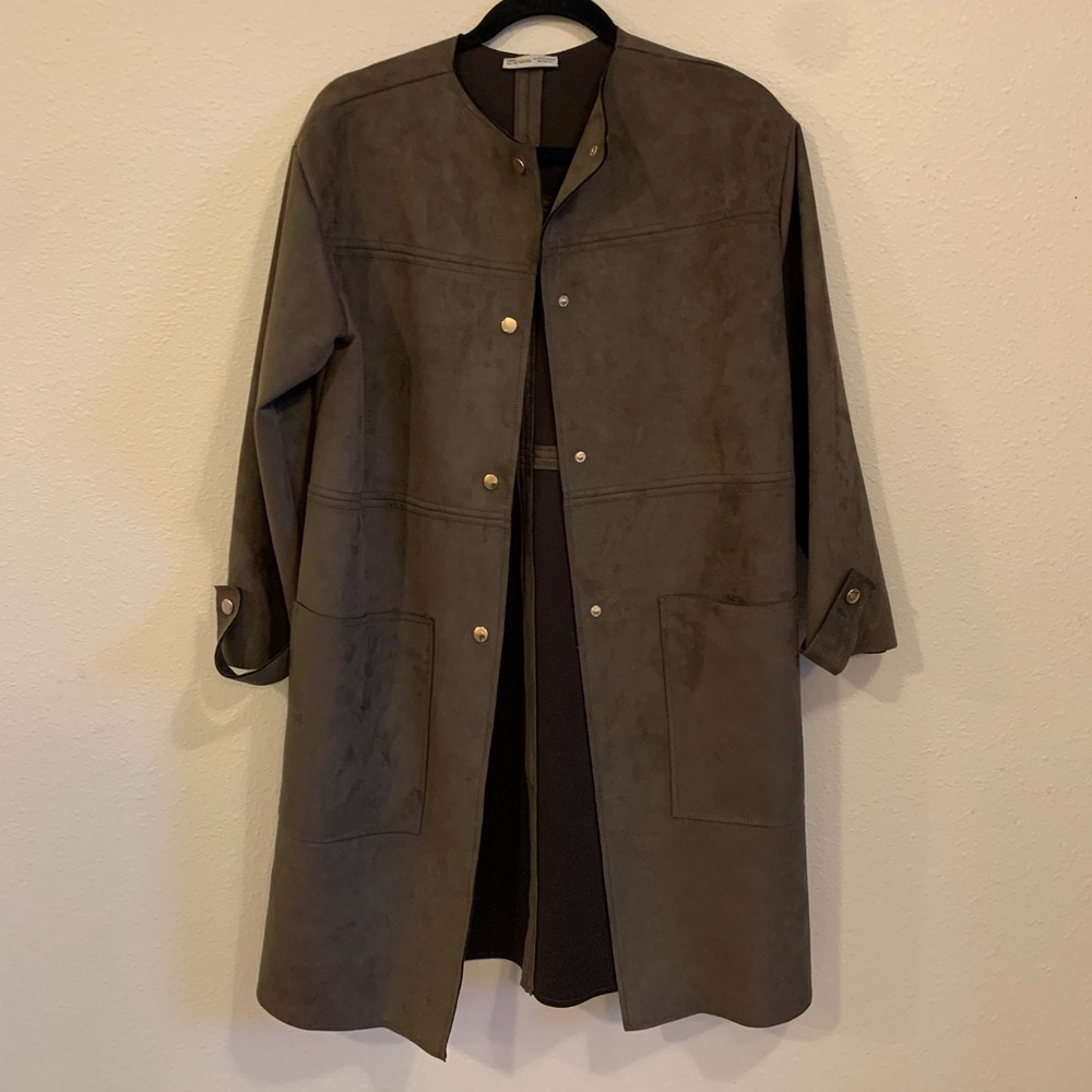 Zara khaki green faux suede coat with gold buttons